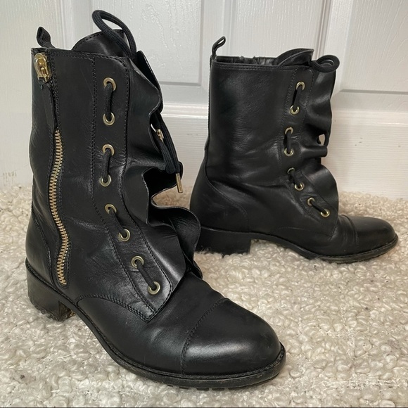 VALENTINO Garavani Black Leather Ruffle Lace Up Combat Boots with Gold 7.5 - Picture 1 of 11